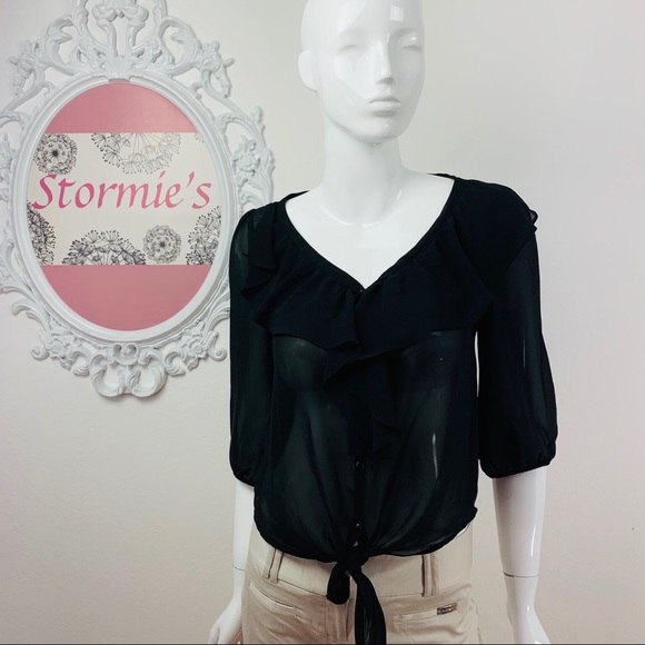 Mine / Sheer  Black Ruffled  Button Up Neckline - Picture 2 of 6